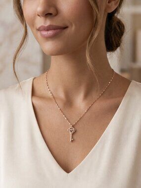 Rose Gold Key Necklace Crystal Pendant 16-18” Elegant Jewelry (2 for $15)